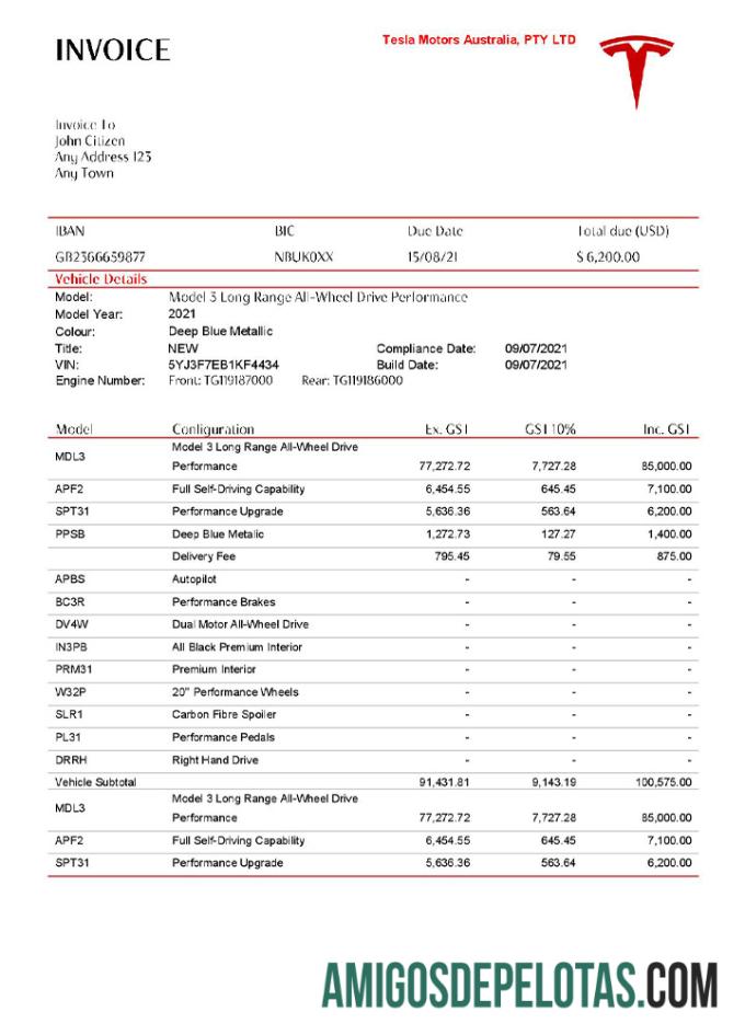 Fatura Tesla dos EUA modelo